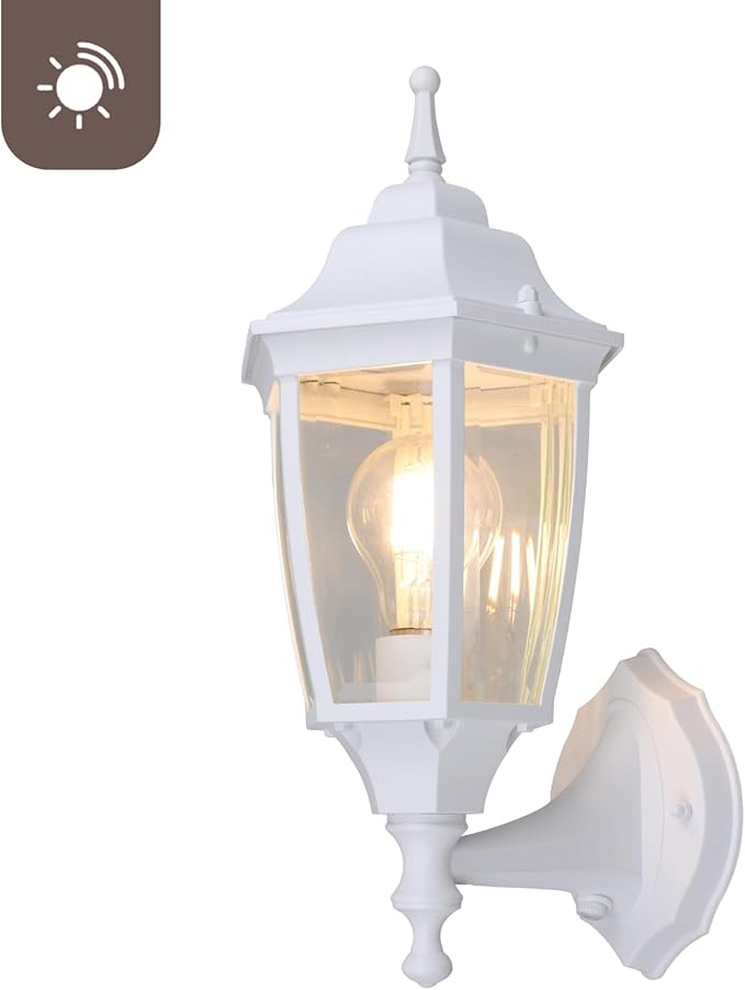 Photocell-Controlled Outdoor Wall Light – Die-Cast Aluminum & Glass Water-Resistant Exterior Fixture, Wet Location Rated, E26 Base (60W Max) for Porch, Garage, Garden(White)