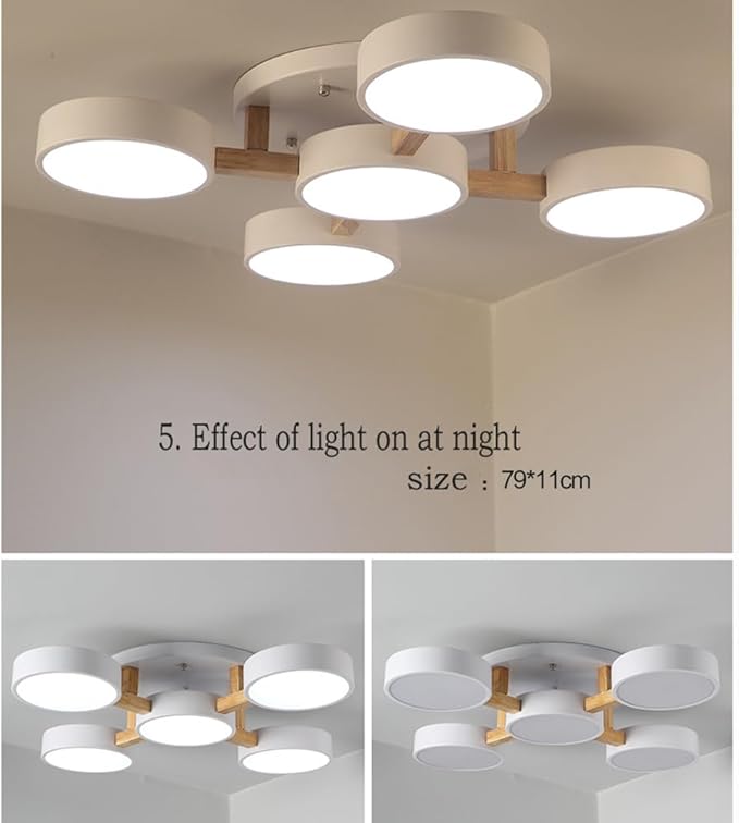 LED Ceiling Light Fixture,32 Inch 5-Lights Modern Ceiling Lights Flush Mount Wooden 55W Chandelier for Living Room Bedroom Kitchen,Dimmable 3000K/4000K/6000K Temperatures Selectable, White