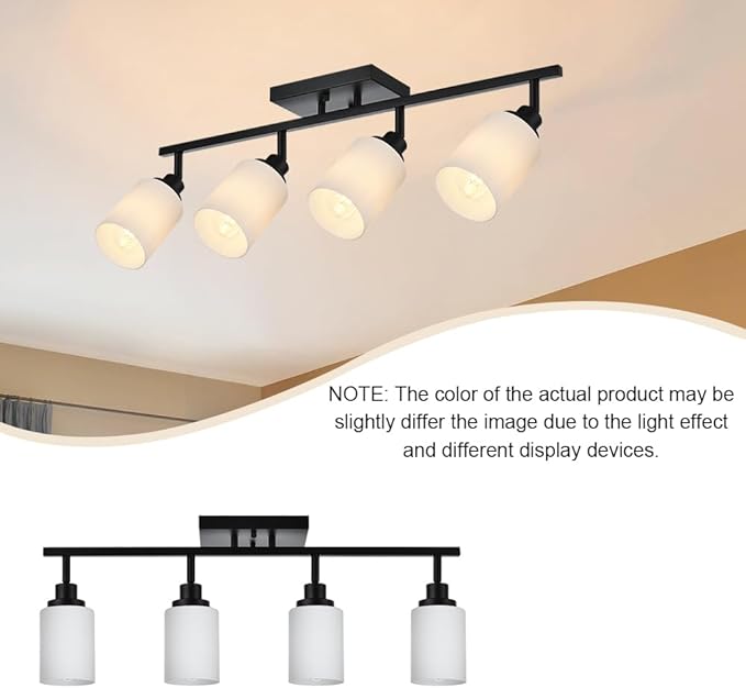TODOLUZ Adjustable Ceiling Spotlight in Black, 4-Lights Kitchen Island Light Fixtures Ceiling Wall Mount, Track Lighting Kit with Opal White Glass Hallway Dining Room