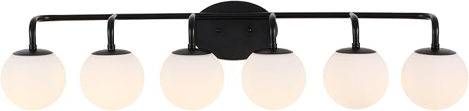 JONATHAN Y 40" Black Modern Globe Wall Sconce Vanity Light for Bathroom, White Frosted Glass Shade, Midcentury Parisian Bistro Wall Lamp, LED Bulb Included (JYL3560B)