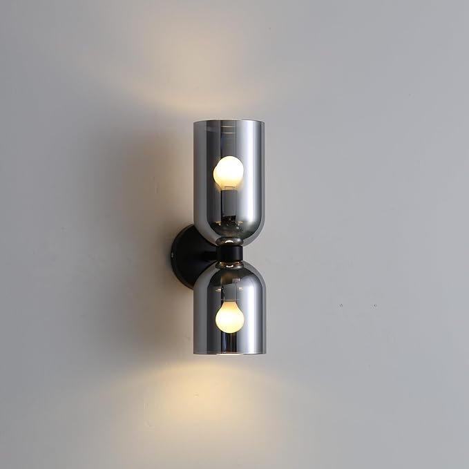 Modern Glass Wall Sconces- Double Head Wall Lighting with Long Short Glass Shades- Bathroom Vanity Light Mid-Century Up Down Hardwired Wall Lamp Indoor for Bedroom Hallway Living (Black-Gray)