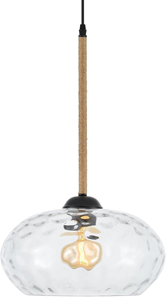 13” Large Hammered Glass Pendant Light Rattan Modern Industrail Chandelier for Kitchen Island Dining Room Hallway, UL Listed
