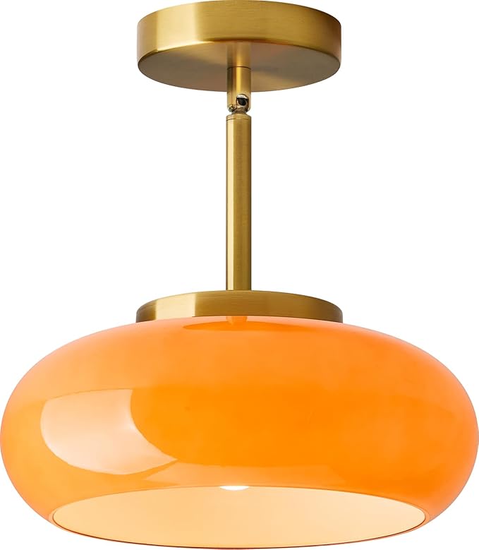 Glass Pendant Lights Kitchen Iisland，Gold Modern Ceiling Lamp with Orange Glass Shade Adjustable Mid Century Hanging Light Fixtures for Schoolhouse, Dining Room, Living Room,Sink