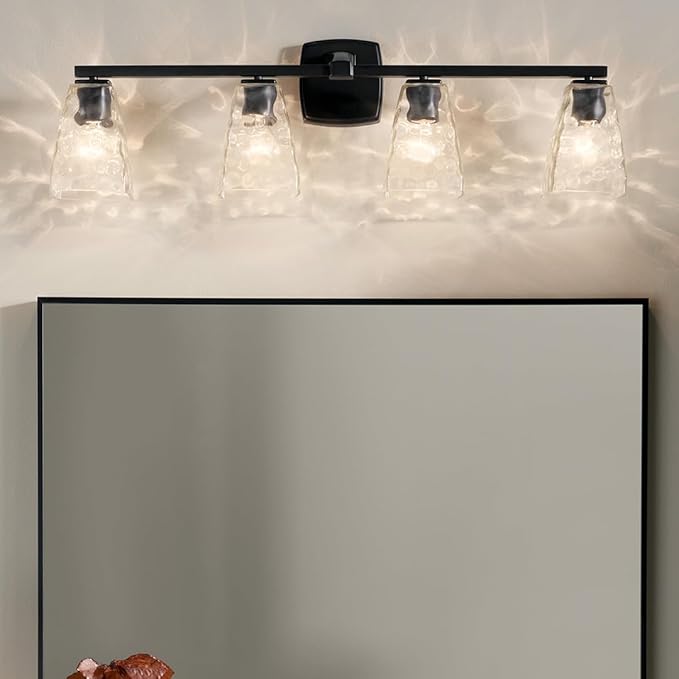 Kichler Marant 4-Light Bathroom Vanity Light Fixture with Clear Water Glass in Black, Modern Wall Mount Over Mirror Lighting for Powder Room (33.25" x 9.5" x 6.75"), 55217BKWTR