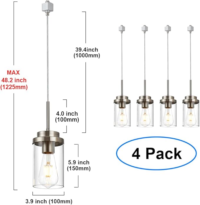 MELUCEE 4 Pack H Track Lighting Pendants Brushed Nickel Ceiling Track Hanging Light Fixtures with Clear Glass Shades, Compatible with H Type Track Lighting Rail, E26 Socket