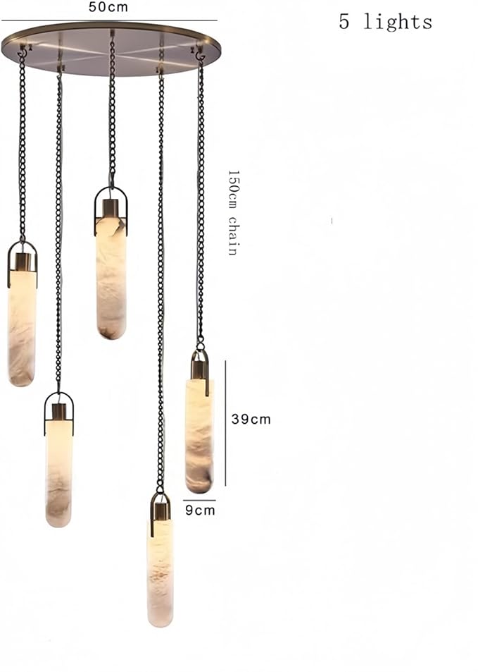 RUIBO Natural Marble 5 Light LED Multi-Drop Hanging Pendant Lighting,Cylinder Alabaster Multi Light Pendant Lights,Living Dining Room Loft Bedroom Modern LED Hanging Lamps(E14)