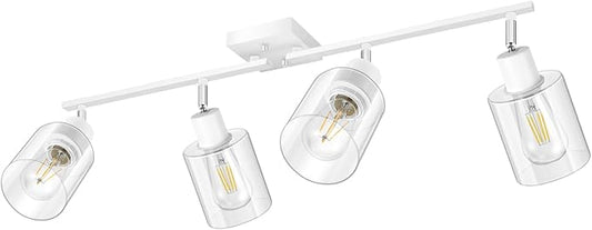 Track Lighting Fixtures Ceiling, 30" LED Track Lighting Kit Kitchen, 4-Light Ceiling Lights with Clear Glass Shade, White Modern Spotlight Light with Rotatable Head for Bathroom Vanity(E26, NO Bulb)