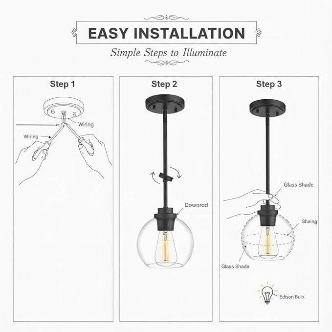 Pendant Light – 7 Inch Modern Hanging Fixture with Clear Glass Globe & Matte Black Finish, Adjustable Iron Rods & Sloped Ceiling Compatible for Kitchen Island Dining Room Bedroom Hallway, 2 Pack