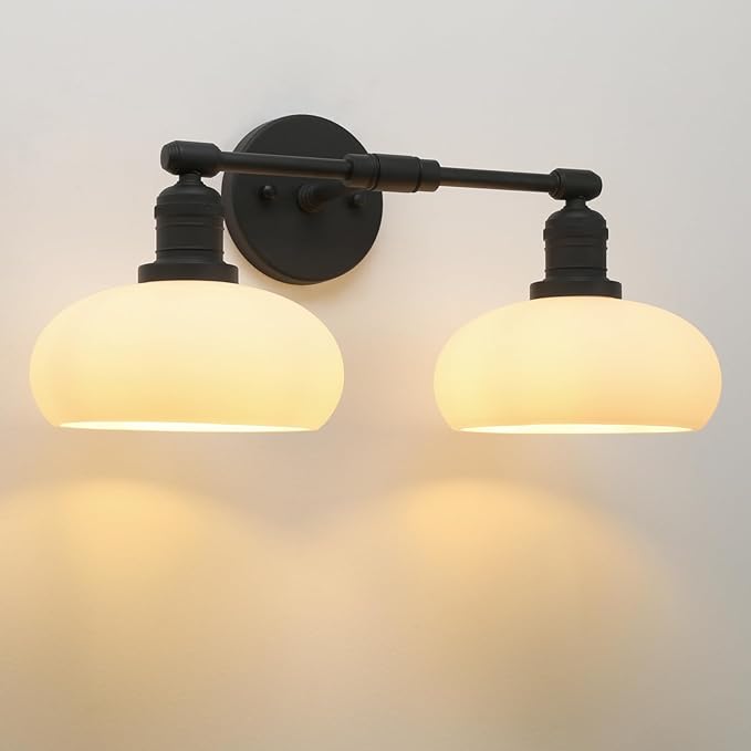 Pathson 2-Lights Milky Glass Wall Sconce, Hardwired Double Head Bathroom Sconces, Vintage Wall Lamps for Vanity Mirror, Living Room, Bedroom, Farmhouse Lighting