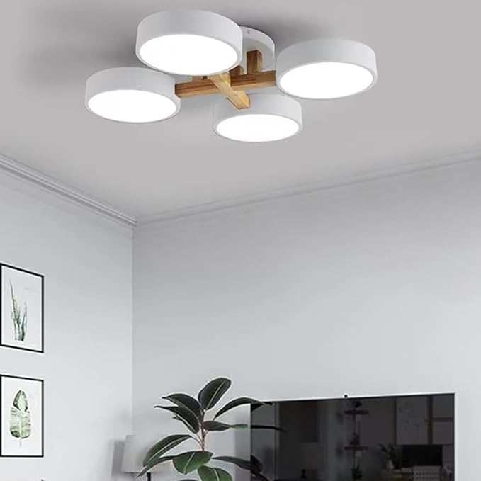LED Ceiling Light Fixture,24 Inch 4-Lights Modern Ceiling Lights Flush Mount Wooden 44W Chandelier for Living Room Bedroom Kitchen,Dimmable 3000K/4000K/6000K Temperatures Selectable, White