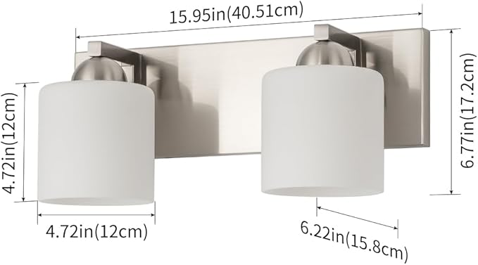 mirrea 16in 2-Light Brushed Nickel Vanity Lights for Bathroom, Vanity Lighting Fixtures with Etched White Glass Shades