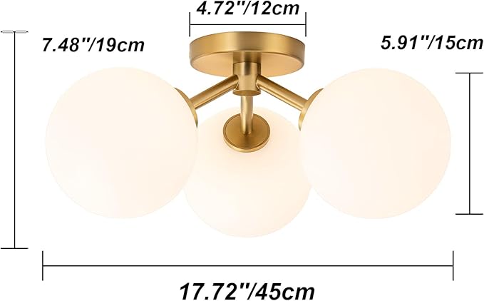 Mid Century Modern Gold Semi Flush Mount Ceiling Light Fixture 3 Light 18 inch, Globe Light Fixtures for Bedroom,Entryway,Hallway,Living Room,Kitchen,Dining Room
