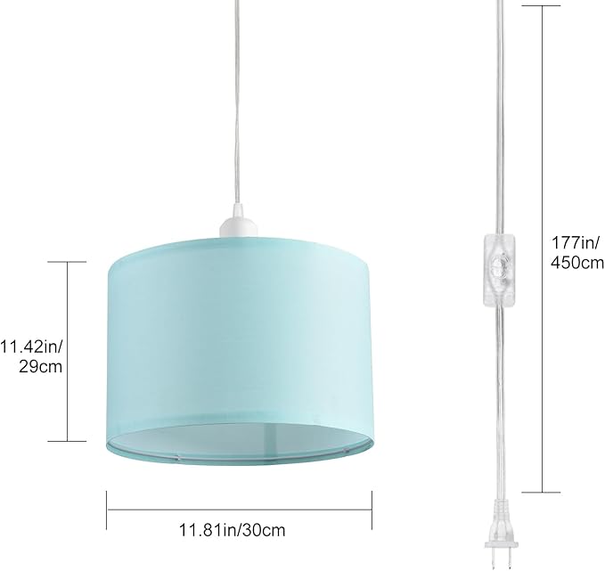 2 Pack Plug in Pendant Light, Hanging Light with 15Ft Clear Cord, On/Off Switch, Blue Fabric Lamp Shade, Hanging Light Fixture for Bedroom, Kitchen, Living Room, Dining Table