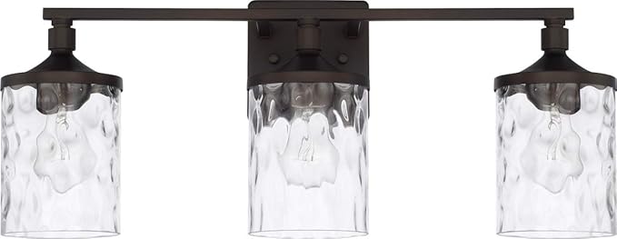 HomePlace Lighting 128831BZ-451 Colton Mid-Century Clear Water Glass Bathroom Vanity Wall Light, 3-Light 300 Total Watts, 10" H x 24" W, Bronze