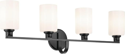 Kichler Gioe 4-Light Bathroom Vanity Light Fixture with Opal Glass in Black, Modern Wall Mount Over Mirror Lighting for Powder Room (32.25" W x 10.5" H), 55227BK