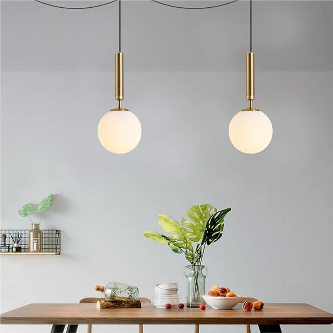 KCO Modern Gold Globe Pendant Lamp Plug in Mid Century White Frosted Glass Adjustable Ceiling Lamp Industrial Brass Gold Round Ball On/Off Chandelier for Farmhouse Kitchen Island Bedroom