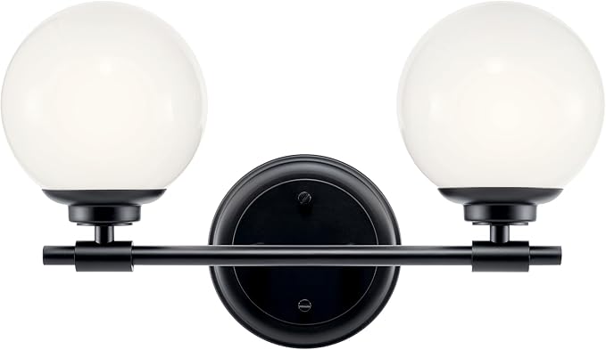 Kichler Benno 2-Light Bathroom Vanity Light Fixture, Modern Wall Mount with Opal Glass in Black for Bathroom or Powder Room, G9 LED Compatible (8.75 x 14.75 in), 55171BK