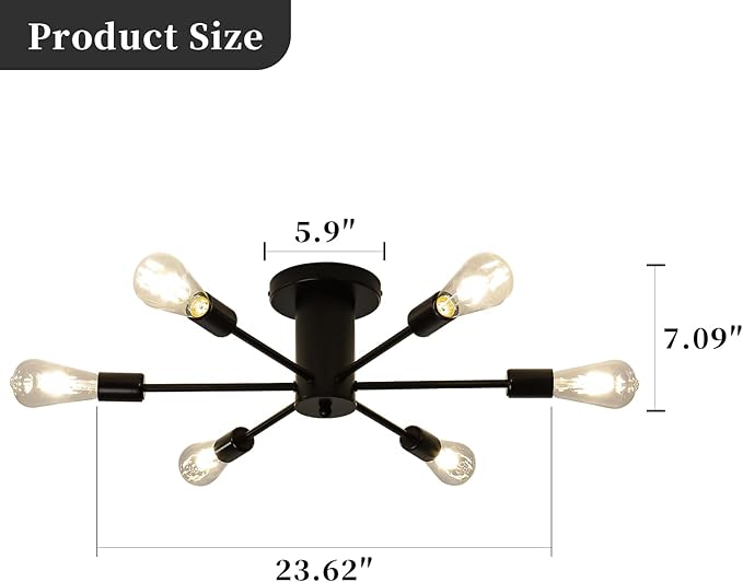 6-Lights Semi Flush Mount Ceiling Light, Matte Black Close to Ceiling Lighting with E26 Base, Modern Sputnik Light Fixtures for Living Room Bedroom Kitchen Dining Room