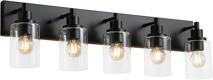 LOUSACE 5 Light Bathroom Vanity Light, Matte Black Bathroom Light Fixtures Over Mirror, Modern Bathroom Lighting with Clear Glass Shade, Black Farmhouse Wall Sconces Lighting Fixture for Bedroom
