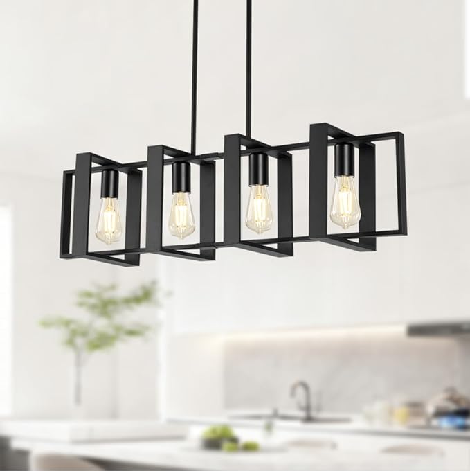 Dining Room Light Fixture, 4-Light Kitchen Island Lighting, Height Adjustable Island Lights For Kitchen, Black Linear Chandeliers For Dining Room, Metal Farmhouse Chandelier for Living Room(No Bulb)