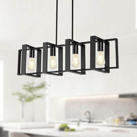 Dining Room Light Fixture, 4-Light Kitchen Island Lighting, Height Adjustable Island Lights For Kitchen, Black Linear Chandeliers For Dining Room, Metal Farmhouse Chandelier for Living Room(No Bulb)