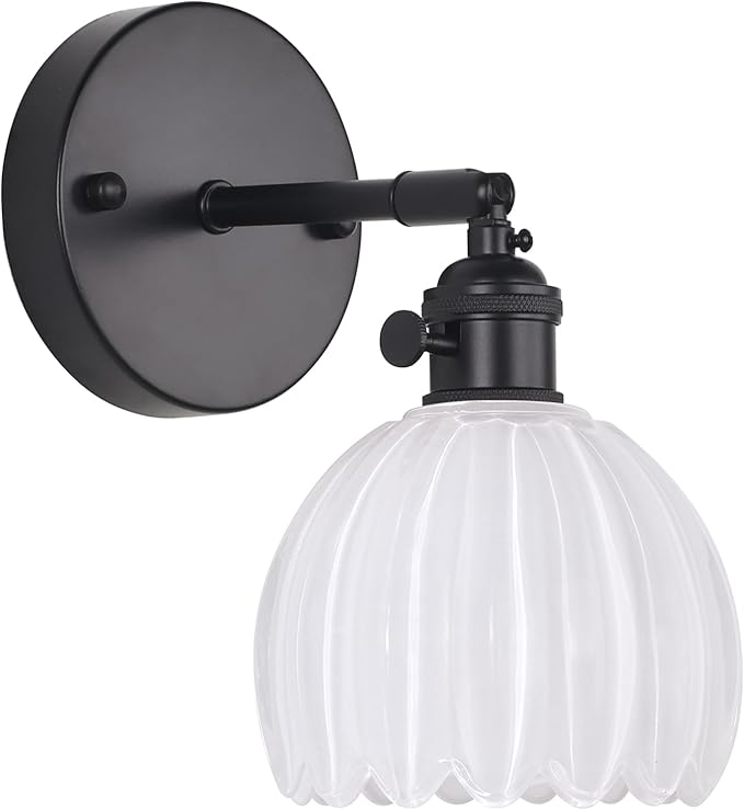 Shenmoyl Vintage Wall Sconce with White Tulip Glass Lampshade 180 Degree Adjustable Black Sconce Hradwired Modern Wall Lighting Fixture with Switch for Bedside Bedroom Doorway