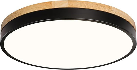 Round LED Flush Mount Ceiling Light, Modern Wood Ceiling Light, Minimalist Ceiling Lamp Black Ceiling Lighting Fixtures for Kitchen Bedroom Laundry Room Living Room Entryway Hallway&11.81 in