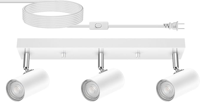 AUQUEE 3 Light Track Lighting Kit,White 3 Way Flexible Plug in Ceiling Spotlight,Industrial LED Wall Light for Kitchen Cabinet Gallery Bar Hallway Living Room,Rocker Switch,15 ft Cord(No Bulb)