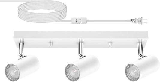 AUQUEE 3 Light Track Lighting Kit,White 3 Way Flexible Plug in Ceiling Spotlight,Industrial LED Wall Light for Kitchen Cabinet Gallery Bar Hallway Living Room,Rocker Switch,15 ft Cord(No Bulb)