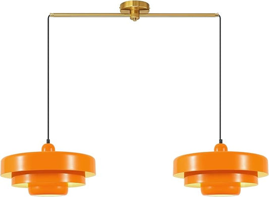 Industrial Vintage Adjustable 2-Light Pendant Light Kitchen Island, Brass Ceiling Hanging Light Fixture with Metal Shade for Dining Room, Living Room, Entryway, Easy to Install