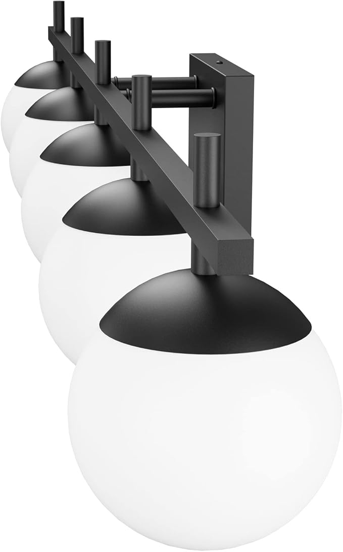 Ralbay Mid Century Modern Vanity Lights Black Milky Glass Mid Century Bathroom Vanity Lights Over Mirror, Wall Light for Bathroom Black 5 Light