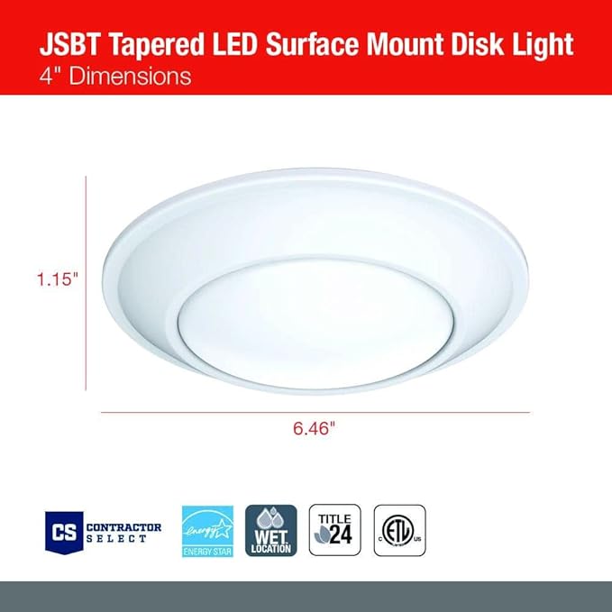 Juno SlimBasics 4 Inch LED Ceiling Light, LED Surface Mount Downlight for Shower Light or Closet Lighting, 3000K Neutral White, Tapered Trim, Wet Rated, Matte White (JSBT 4IN 30K 90CRI MW WL M6)