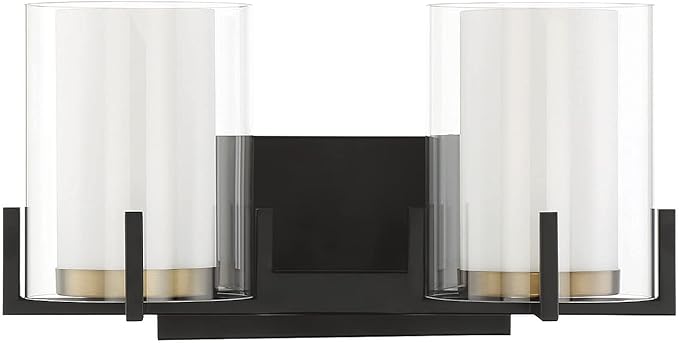 Savoy House 8-1977-2-143 Eaton Traditional Clear/White Opal Chimney Glass Bathroom Vanity, 2-Light 120 Total Watts, 8" H x 15" W, Matte Black & Warm Brass Accents