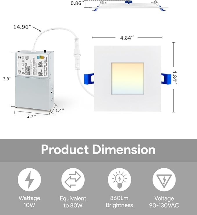 Adetu 4 inch Square Led Recessed Lighting,6 Pack 5CCT Ultra Thin Square Led Ceiling Light with Junction Box,10W 860LM,CRI90,2700K-5000K Selectable,Dimmable Canless Downlight,ETL and Energy Star