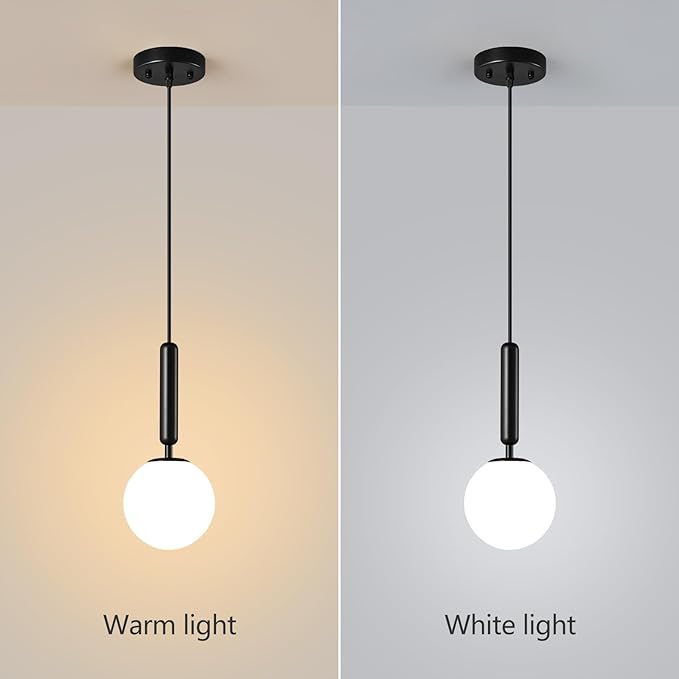 Modern Hanging Light Fixture Pendant Lighting for Kitchen Island Mid Century Black Pendant Lights with Globe Milky White Glass Pendant Light for Bedroom Bathroom Entryway (2 Pack)