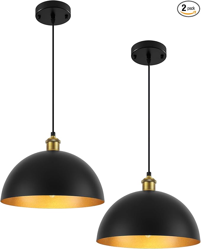 Pendant Lights for Kitchen Island, 11.8" Black and Gold Farmhouse Pendant Light, Dome Pendant Light Fixtures for Dining Room, Living Room, Bedroom, Cafe, Bar, 2 Pack