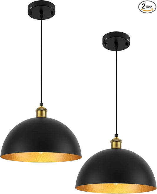 Pendant Lights for Kitchen Island, 11.8" Black and Gold Farmhouse Pendant Light, Dome Pendant Light Fixtures for Dining Room, Living Room, Bedroom, Cafe, Bar, 2 Pack