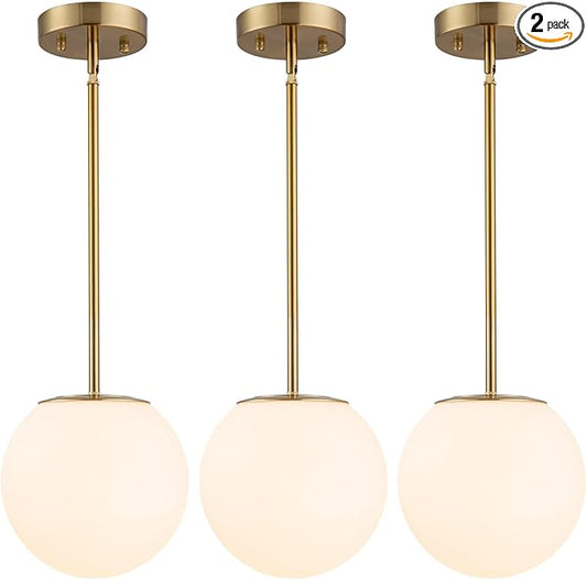Modern Globe Pendant Light Mid Century Opal Glass Hanging Light Fixture Gold Finish, 3-Light Glass Pendant Lighting for Kitchen Island Dining Room Bedroom Hallway and Bathroom…