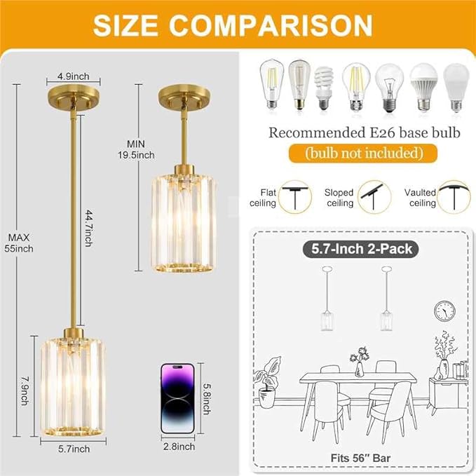 2 Pack Pendant Lights Kitchen Island, Modern Gold Pendant Light Fixtures, Mini Chandelier Crystal Kitchen Island Lighting, Hanging Pendant Lights Fixture for Kitchen Island Dining Room Hallway Foyer