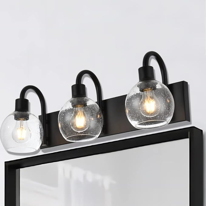 3-Lights Vanity Lights Globe Glass Rustic Bathroom Light Fixtures for Over Mirror Kitchen with Seeded Lampshades