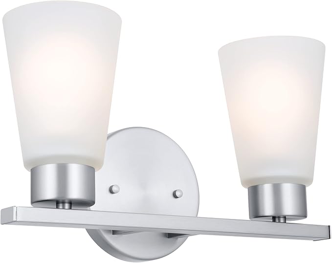 Kichler Stamos 2-Light Bathroom Vanity Light Fixture with Satin Etched Glass Shades, Modern Wall Mount in Brushed Nickel for Mirror Lighting (13 x 8 x 5 in), 45887NI