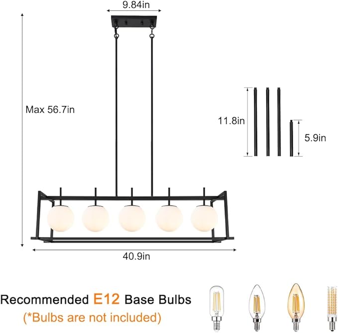 DSMJFU Black Farmhouse Rectangular Chandelier for Dining Room, 5-Light Linear Pendant Lighting, Rectangular Kitchen Island Light with Milky White Glass Ball Shades, Adjustable Height Hanging Lighting