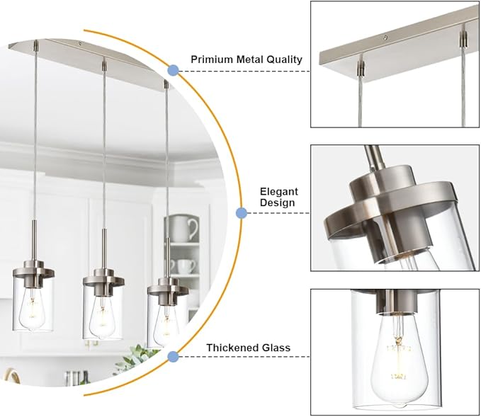 Pendant Lights Fixtures with Clear Glass Shade Brushed Nickel Island Light fixtures 3-Lights Hanging Lighting for Kitchen Island Dining Room