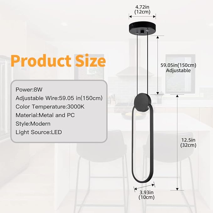 Modern Black LED Pendant Lights Fixtures, 2 Pack Minimalist Design Oval Pendant Lighting for Kitchen Island,Warm White Hanging Light for Bedroom Dining Room Bathroom 8W
