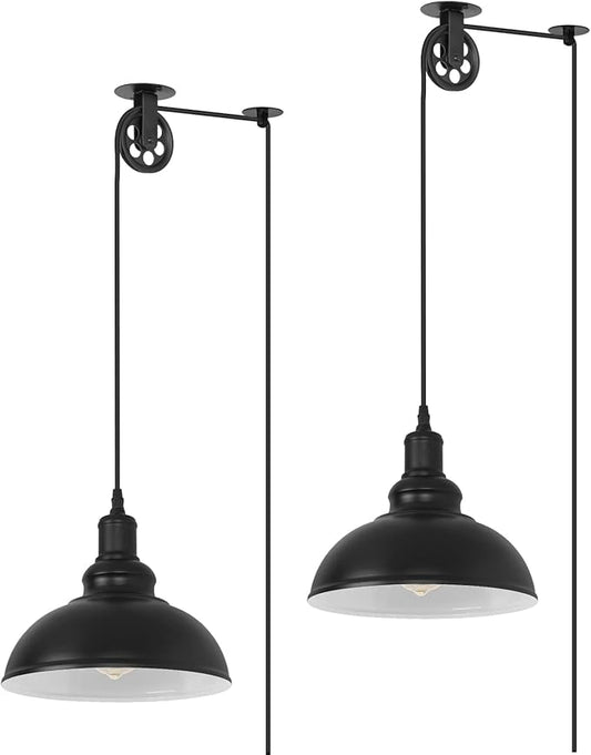 Industrial Black Plug in Pulley Pendant Light with 19.5ft Cord On/Off Switch, Modern Barn Domed Hanging Lamp Ceiling Light for Kitchen Island Dinning Living Room Bedroom Foyer (2 Pack)
