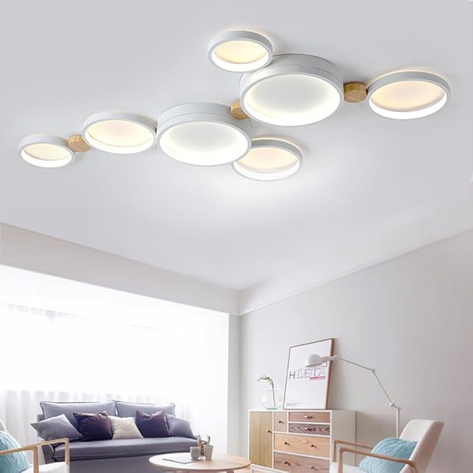 7-Lights LED Ceiling Light Fixture,Modern 42 Inch Ceiling Lights Flush Mount Wooden 47W Dimmable Chandelier for Living Room Bedroom Kitchen,3000K/4000K/6000K Temperatures Selectable White