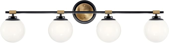 Kichler Benno 4-Light Bathroom Vanity Light Fixture with Opal Glass in Black and Champagne Bronze, Modern Wall Mount Light for Bathroom or Powder Room (8.75" x 34"), 55173BKCPZ