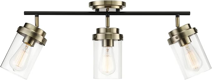 GLOBE Electric 59673 3-Light Track Lighting, Antique Brass, Matte Black Bar, Clear Glass Shades, Lighting for Kitchen, Bathroom, Bedroom, or Dining Room, Living Room Ceiling Lights, Light Fixture