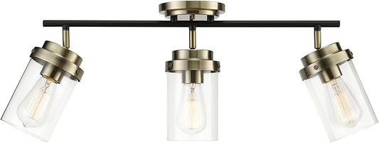 GLOBE Electric 59673 3-Light Track Lighting, Antique Brass, Matte Black Bar, Clear Glass Shades, Lighting for Kitchen, Bathroom, Bedroom, or Dining Room, Living Room Ceiling Lights, Light Fixture