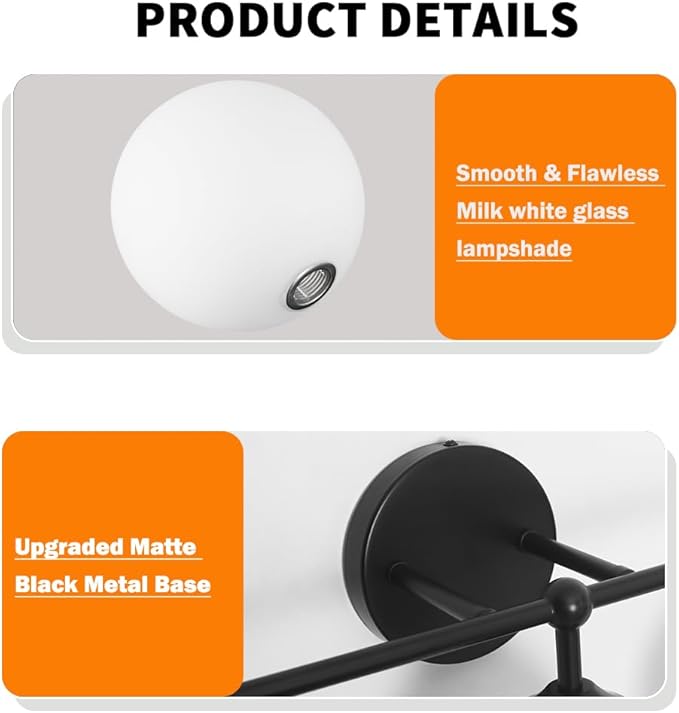 Modern Matte Black 5-Lights Bathroom Vanity Light, Lighting Fixtures Over Mirror with Milky White Glass Ball Shades, Wall Sconces for Bathroom Dressing Table Bedroom